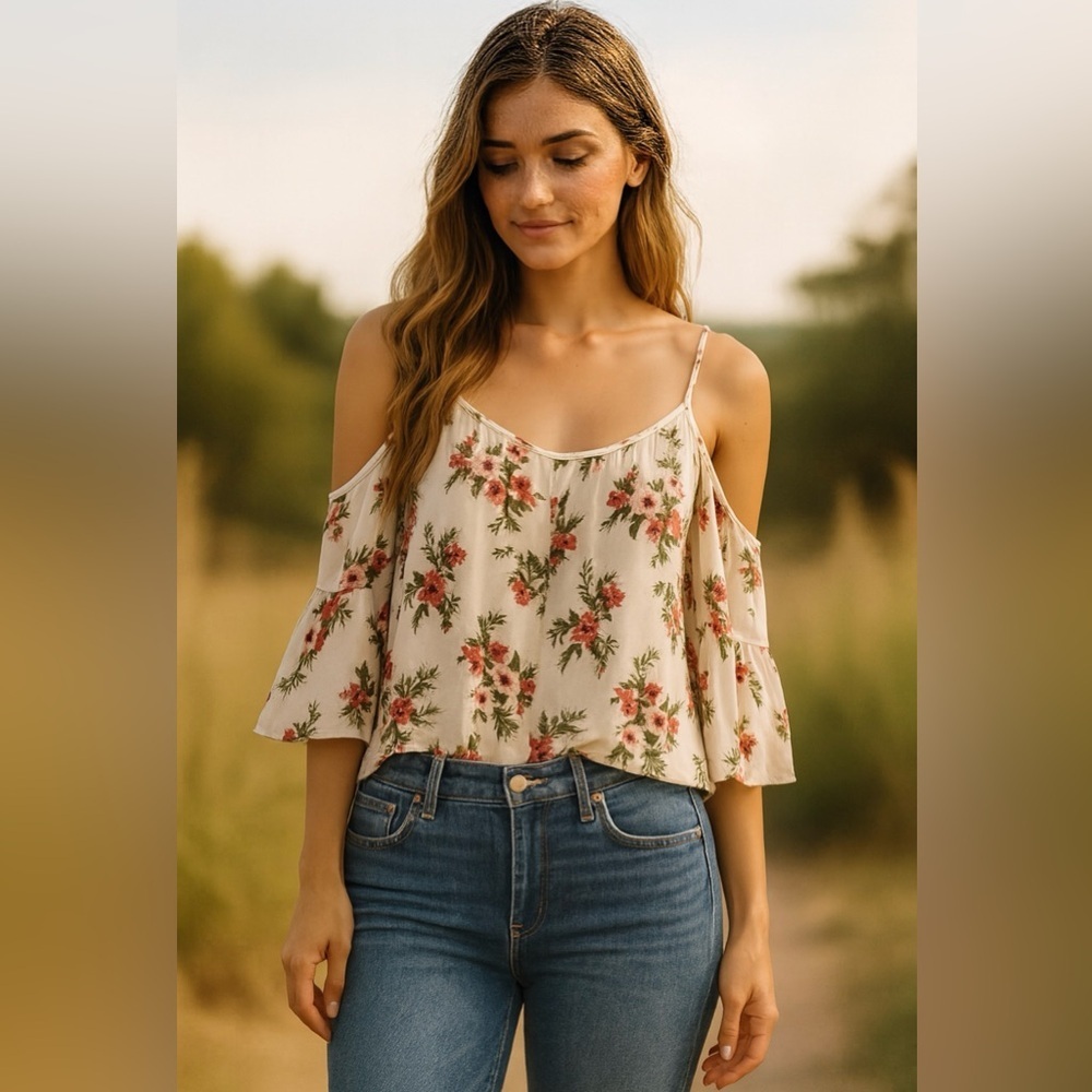 Altar'd State Cold Shoulder Floral Top 3/4 Sleeve Tunic Scoop Neck Cream Sz L - Picture 7 of 7